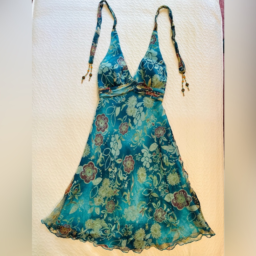 Cache Blue and Cream Midi Dress with Empire Waist